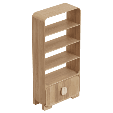 A modern, tall bookcase constructed from light-toned wood, featuring four open shelves in the upper section and a two-door storage cabinet at the base. The unit is characterized by its rounded edges and distinct organic-shaped wooden handles on the cabinet doors. — 3D model (AI enhanced source)