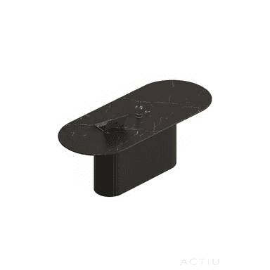 A sophisticated oval conference table featuring a black marble top with natural white veining, supported by a monolithic fluted pedestal base. The table presents a sleek, contemporary design with a monochromatic black finish. — 3D model (AI enhanced source)