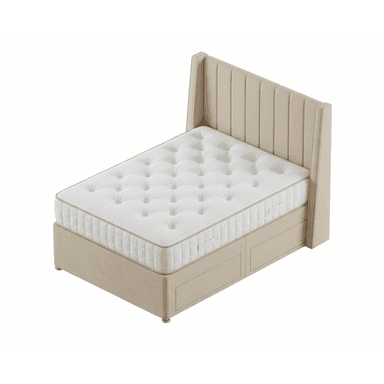 A contemporary upholstered divan bed featuring a tall, winged headboard with vertical channel tufting. The headboard and divan base are covered in a beige fabric. The divan base includes integrated storage drawers on one side and stands on short, chrome-finished feet. A mattress with visible button tufting and piped edges is placed on top of the divan base. — 3D model (AI enhanced source)
