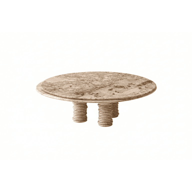 A low-profile, round coffee table featuring a polished natural marble tabletop with distinct beige and brown veining. The table is supported by three short, cylindrical legs, each constructed from stacked, ridged segments, giving them a reeded or fluted appearance, likely made from travertine or a similar light-colored stone. — 3D model (AI enhanced source)