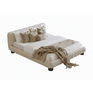 A modern upholstered bed frame with a channel-tufted headboard and side rails. The bed is dressed with white sheets, beige throw pillows, and a textured beige throw blanket with fringe. It sits on short, dark legs. — 3D model (AI enhanced source)
