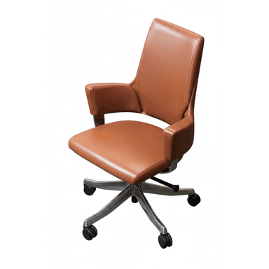 A modern office chair featuring tan-brown leather upholstery, a high back, and integrated armrests. It is supported by a polished silver-tone five-star base equipped with black casters for mobility. The chair appears to have a swivel and tilt mechanism. — 3D model (AI enhanced source)