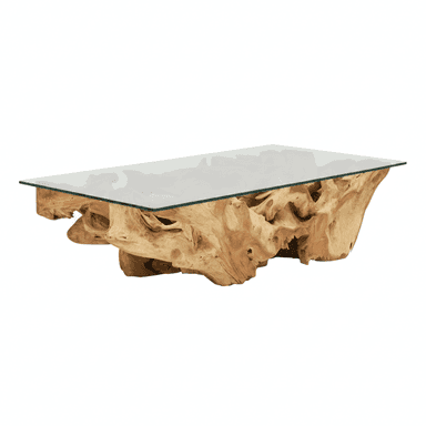 A rectangular glass-top coffee table featuring a unique, sculptural base constructed from a single, gnarled piece of natural wood, resembling a teak root, displaying organic contours and textures. — 3D model (AI enhanced source)