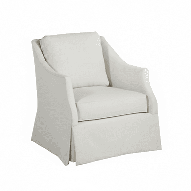 A fully upholstered accent chair featuring a single seat cushion, a loose back cushion, and a distinctive full skirt that extends to the floor, all rendered in a light, neutral-toned fabric. — 3D model (AI enhanced source)