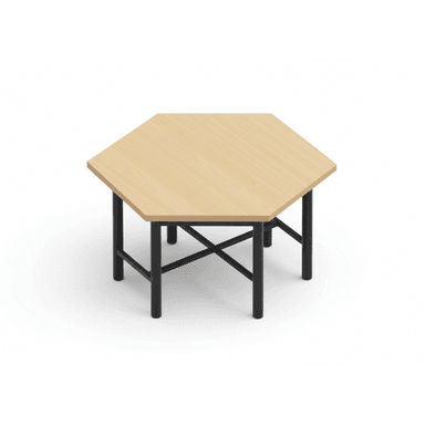 A modern low table featuring a hexagonal tabletop with a light wood-look finish, supported by a black metal base with four straight legs and an X-shaped stretcher. — 3D model (AI enhanced source)