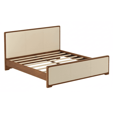 A contemporary bed frame featuring a robust wooden structure with an upholstered headboard and footboard. The headboard and footboard are paneled with cream-colored fabric, contrasting with the dark brown wood frame. The bed frame includes a slatted base for mattress support and exhibits clean lines with subtly rounded edges. — 3D model (AI enhanced source)