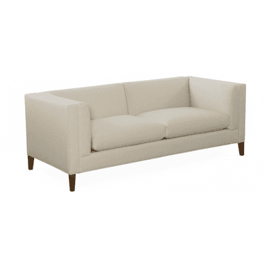 A contemporary two-seater sofa upholstered in a light-colored, possibly cream or beige, fabric. It features a clean, rectangular silhouette with track arms and two seat cushions. The sofa is supported by four tapered wooden legs. — 3D model (AI enhanced source)
