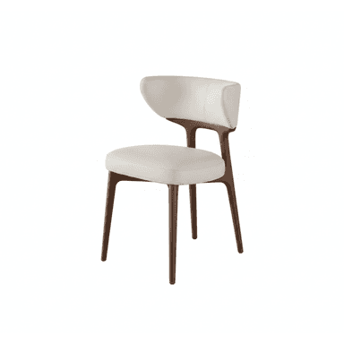 A modern armless dining chair featuring a curved, upholstered backrest and seat, supported by a dark stained wooden frame and slender tapered legs. — 3D model (AI enhanced source)