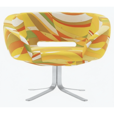 A modern accent chair with a rounded, low-profile backrest and seat. The upholstery features a vibrant, abstract geometric pattern in shades of yellow, orange, green, and white. It has an integrated armrest design and a central opening in the seat. The chair is supported by a brushed metal pedestal base with four splayed legs. — 3D model (AI enhanced source)