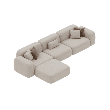 A contemporary modular sectional sofa featuring a low-profile design, upholstered in a light beige fabric. It comprises multiple rounded sections, including an L-shaped configuration with a chaise extension, and is accessorized with several smaller toss pillows in complementary beige and brown tones. — 3D model (AI enhanced source)