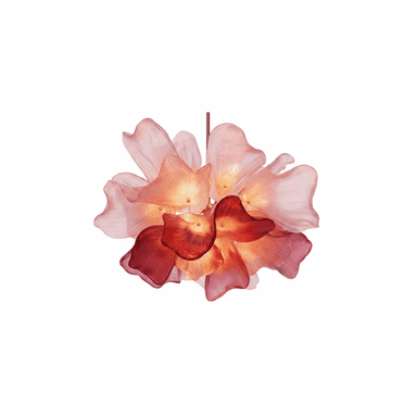 A contemporary chandelier designed to resemble a blooming flower, featuring multiple layers of translucent, petal-shaped elements. The petals exhibit a gradient color scheme, transitioning from light pink and peach at the edges to deeper reds and purples towards the center. The material appears to be a textured, synthetic resin or plastic, allowing light to diffuse softly from integrated internal sources, creating a warm, ambient glow. The fixture is designed for ceiling suspension. — 3D model (AI enhanced source)