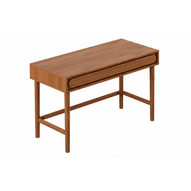 A minimalist, rectangular console table crafted from warm-toned wood, likely teak or walnut. It features a single, integrated drawer with a recessed, curved pull on the front. The table stands on four round, tapered legs connected by a horizontal stretcher bar for stability, reflecting a mid-century modern or Scandinavian design aesthetic. The overall finish appears smooth and unblemished. — 3D model (AI enhanced source)