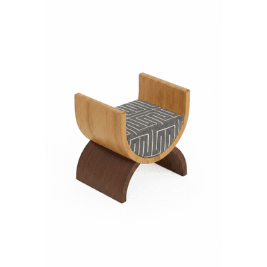 A modern stool with a curved wooden frame and a upholstered seat. The frame consists of two C-shaped wooden elements that support a central upholstered cushion. The backrest is formed by two upright, curved wooden pieces that extend upwards from the sides of the seat. — 3D model (AI enhanced source)