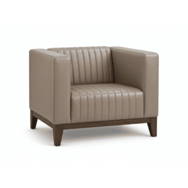 A modern club armchair featuring a boxy silhouette, upholstered in a beige or taupe material with distinctive vertical channel tufting on the backrest and seat. It has wide, square armrests and an exposed dark wood base with short, tapered block legs. — 3D model (AI enhanced source)