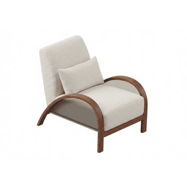 A contemporary lounge chair featuring an off-white boucle upholstered seat and backrest, complemented by a distinctive dark bentwood frame that forms integrated armrests. The chair includes a matching lumbar pillow. — 3D model (AI enhanced source)