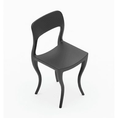 A single, matte black molded plastic chair with gracefully curved legs and a contoured backrest. The chair exhibits a seamless construction, with an open back design that integrates the backrest into the seat structure. Its sleek, minimalist form suggests a modern aesthetic. — 3D model (AI enhanced source)