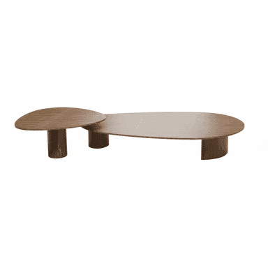 A modular set of two coffee tables featuring organic, irregular-shaped tops made from dark-toned wood. One table is taller with a single cylindrical base, while the other is lower and wider with two broad, curved bases, allowing for an overlapping or nesting arrangement. The wood grain is visible across all surfaces. — 3D model (AI enhanced source)