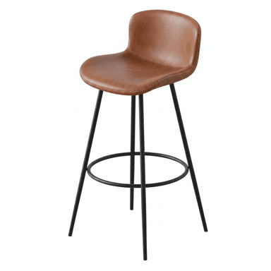 A contemporary bar stool featuring a curved, saddle-shaped seat and backrest upholstered in brown faux leather with decorative stitching. It rests on four slender, tapered black metal legs, reinforced by a circular footrest. — 3D model (AI enhanced source)