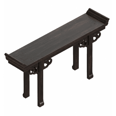 A long, narrow console table crafted from dark-stained wood, featuring a rectangular top with subtle raised edges at each end. The table is supported by four straight legs, connected to the tabletop by intricately carved, ornate scrollwork aprons on the longer sides. The overall aesthetic is traditional Asian, with a rustic yet refined finish. — 3D model (AI enhanced source)