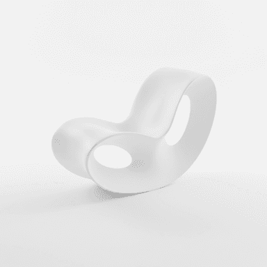 A pristine white modern sculptural rocking chair, featuring a continuous, organic form with hollowed-out sections that serve as visual design elements. The chair appears to be made from a single molded piece, offering a smooth, matte finish. — 3D model (AI enhanced source)