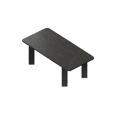 A rectangular coffee table with rounded corners. The tabletop has a dark, marble-like finish with fine, irregular gold veining. It is supported by two rectangular, solid legs positioned towards the center of the longer sides, creating a minimalist and modern aesthetic. The overall impression is one of sleekness and contemporary design. — 3D model (AI enhanced source)