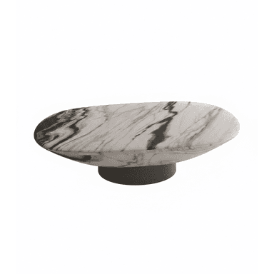 A low-profile, oval-shaped coffee table featuring a top made of white marble with prominent black veining, supported by a simple, dark-colored cylindrical pedestal base. — 3D model (AI enhanced source)