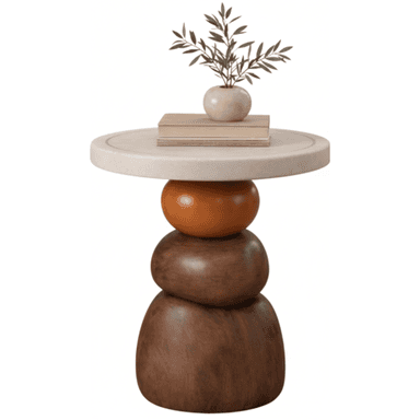 A contemporary accent table featuring a round, light-colored top resting on a distinctive sculptural base. The base is composed of three stacked, organically shaped elements: an orange sphere at the top, followed by two progressively larger, dark wood, pebble-like forms. — 3D model (AI enhanced source)