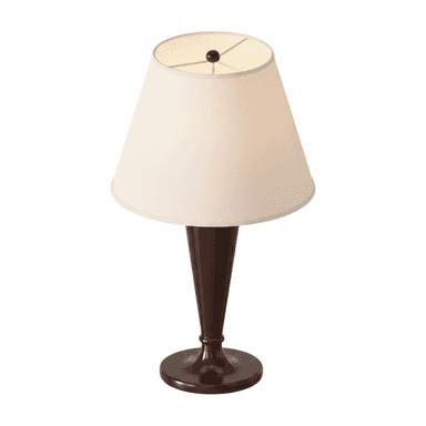 A table lamp featuring a dark brown, possibly lacquered, tapered base resting on a circular foot, topped with a cream-colored conical fabric shade. — 3D model (AI enhanced source)