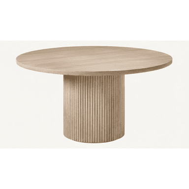 A contemporary round dining table featuring a light wood finish and a distinctive vertically fluted cylindrical pedestal base. — 3D model (AI enhanced source)