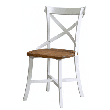 A white-framed dining chair with a natural wood seat and a distinctive criss-cross backrest. The frame appears to be made of painted wood, and the seat is a smooth, rounded wooden surface. The backrest is constructed from two curved white wooden pieces that cross in the center, attached to the top rail and the seat frame. — 3D model (AI enhanced source)