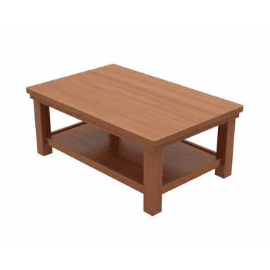 A rectangular coffee table made of wood, featuring a warm, light brown finish. The table has a flat top surface and a matching lower shelf for additional storage or display, supported by four sturdy block legs at each corner. The design is simple and functional, with clean lines. — 3D model (AI enhanced source)