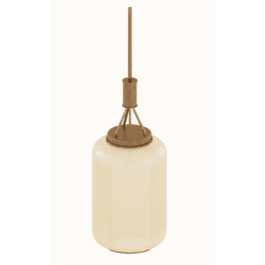 A pendant light fixture with a cylindrical frosted glass shade and a brass-toned metal frame. The fixture is suspended by a thin rod with a decorative coiled rope element near the top. The overall design appears modern with a hint of industrial or vintage influence. — 3D model (AI enhanced source)