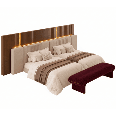 Two upholstered twin beds with light-colored bedding and decorative pillows, featuring a shared, integrated headboard system. The headboard system consists of a wide wooden back panel with vertical slats on the ends, a smooth central section, and an illuminated strip running along its lower edge. The individual bed headboards are upholstered in a light fabric with vertical channel tufting. An upholstered, deep red velour bench with a distinctive curved base and subtle gold trim is positioned at the foot of one of the beds. — 3D model (AI enhanced source)