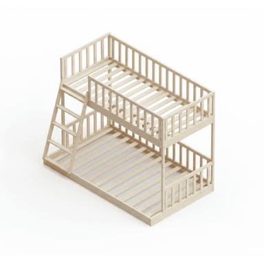 A natural light-colored wood bunk bed with an integrated ladder and safety rails, featuring slatted bases for two mattresses. The design is minimalist and functional. — 3D model (AI enhanced source)