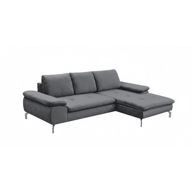 A contemporary L-shaped sectional sofa upholstered in grey velvet-like fabric, featuring a left-hand facing chaise. The sofa has plush, tufted seat cushions and soft, removable back cushions. Its design includes wide, rounded armrests and sleek, polished chrome or stainless steel legs. — 3D model (AI enhanced source)