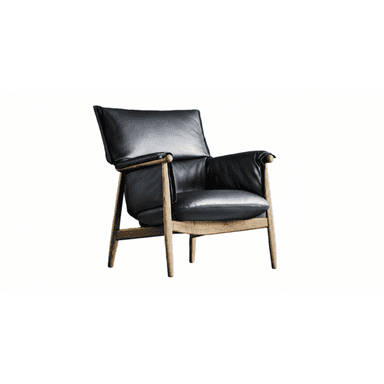 A modern lounge chair featuring a sturdy wooden frame and plush black leather cushions. The design combines natural wood elements with comfortable upholstery. — 3D model (AI enhanced source)