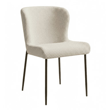 An armless dining chair featuring a gently curved, high backrest and seat, fully upholstered in a textured cream-colored boucle fabric, supported by four slender, dark metal tapered legs. — 3D model (AI enhanced source)