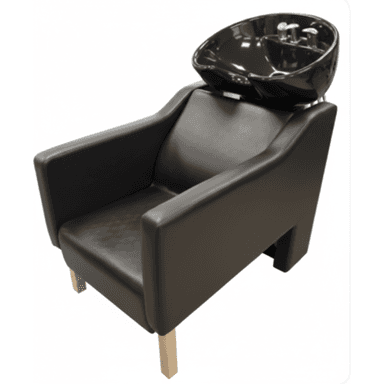 A black upholstered chair with an integrated glossy black ceramic shampoo bowl and chrome faucets, designed for hair washing in a salon setting. — 3D model (AI enhanced source)