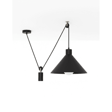 A black conical pendant light featuring an adjustable suspension system with brass-accented pulleys and a cylindrical counterweight, designed for flexible height adjustment. — 3D model (AI enhanced source)