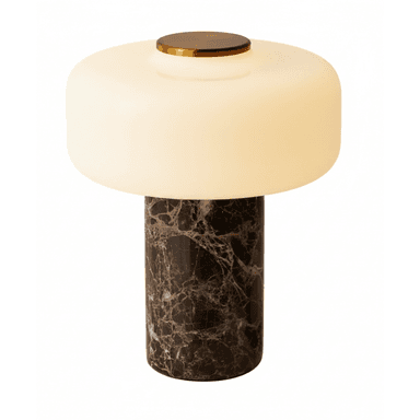 A contemporary table lamp featuring a cylindrical base made of dark brown marble, topped with a broad, disc-shaped opalescent diffuser and a small brass accent. — 3D model (AI enhanced source)