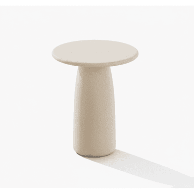A minimalist pedestal side table featuring a circular top and a tapered cylindrical base, all rendered in a light beige, granular textured material. — 3D model (AI enhanced source)