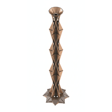 A tall, sculptural floor lamp featuring an intricate geometric design composed of numerous bronze-toned metallic panels. The lamp has a tapered columnar form resting on a multi-faceted star-shaped base, with dark metal elements connecting the individual panels. The top culminates in a flared, funnel-like diffuser. — 3D model (AI enhanced source)