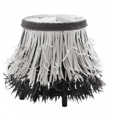 A round stool with a woven top and a decorative skirt made of alternating black and white fringe. The stool has a compact form and appears to be constructed from natural or synthetic fibers for the woven elements and possibly metal for the base and legs, which are not clearly visible but are suggested by the structure supporting the fringe. — 3D model (AI enhanced source)