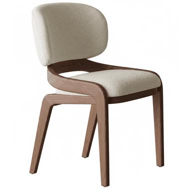 A contemporary dining chair featuring a curved, dark wood frame and fully upholstered seat and backrest in a light-colored bouclé fabric. — 3D model (AI enhanced source)