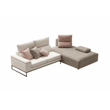 A modular sectional sofa with a left-arm facing chaise lounge. The sofa features a light-colored, textured fabric upholstery on the main seating sections and backrests. It includes adjustable headrests on the main sofa section and several throw pillows in varying shades of pink and grey. The chaise lounge section is upholstered in a taupe, textured fabric and has a low profile. The base of the sofa section is supported by slender black metal legs, creating a modern aesthetic. — 3D model (AI enhanced source)
