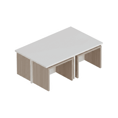 A modern nesting coffee table set featuring a rectangular white top surface and a light wood-grain finished base, with two smaller tables designed to fit neatly underneath the main unit. — 3D model (AI enhanced source)