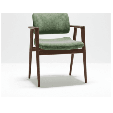 A mid-century modern style armchair featuring a dark wood frame and light green textured fabric upholstery on the seat and backrest. The chair has a sleek design with tapered legs and gently curved armrests. The seat and backrest appear to 'float' within the wooden frame, with the backrest slightly separated from the frame's top rail. — 3D model (AI enhanced source)