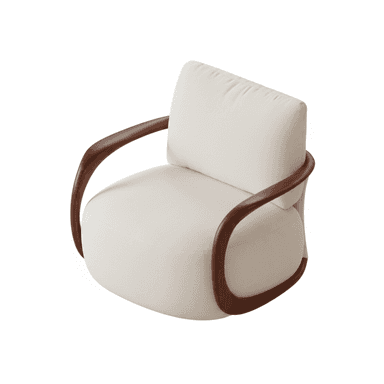 An elegant modern lounge chair featuring a light cream-colored upholstered seat and back, supported by a distinctive dark-toned, curved wooden frame that functions as both armrests and a partial base. — 3D model (AI enhanced source)