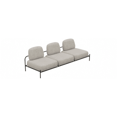 A modern three-seater sofa featuring a minimalist black metal frame that forms the base and supports the backrests. It comprises three individual, light-colored fabric upholstered seat cushions and three matching back cushions, designed without armrests for a streamlined aesthetic. — 3D model (AI enhanced source)