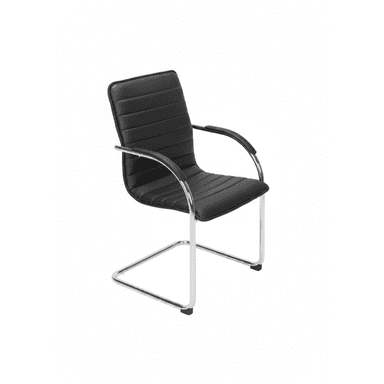A modern sled-base office guest chair featuring black ribbed upholstery and a polished chrome-plated metal frame. The seat and backrest are padded with horizontal channel tufting, and the arms are integrated into the frame with black padded armrests. — 3D model (AI enhanced source)